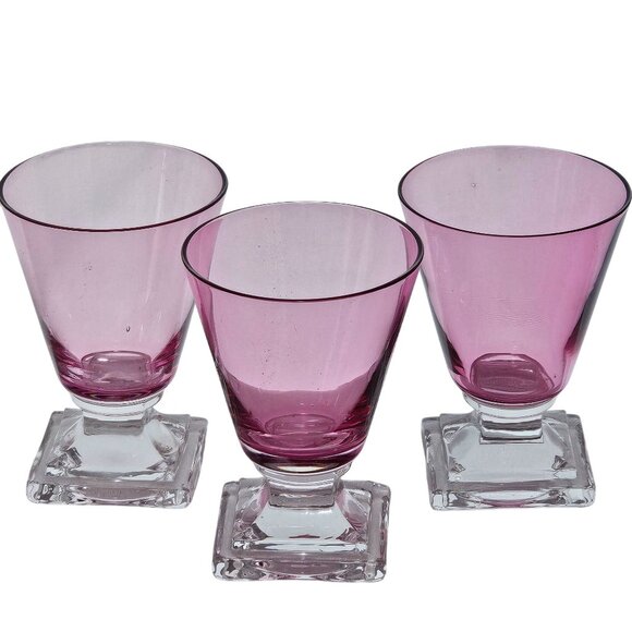 3 Retro Pink Cordial Glasses 3.25" square foot schnapps glass MCM barware - Picture 1 of 8
